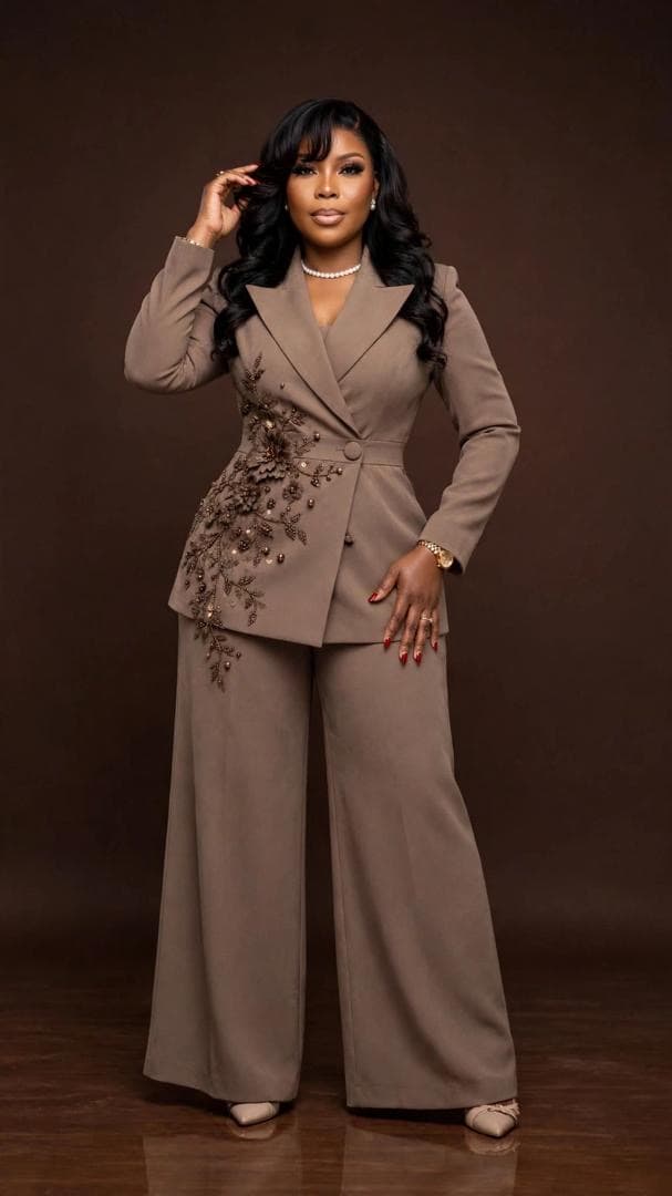 Tailored taupe suit with embroidered appliqué by KinaVogue&Chic